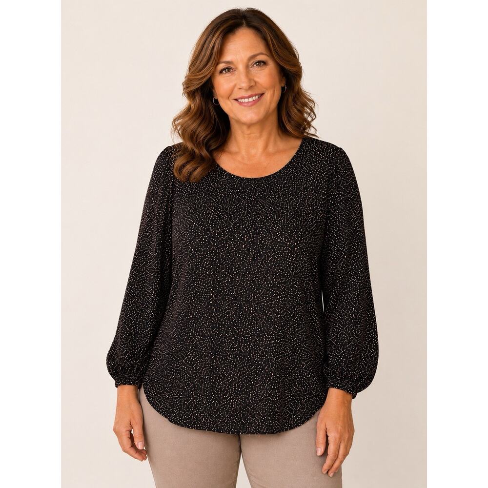 Adrianna Papell Black Speckled Long Sleeve Blouse Women’s Flowy Keyhole Large